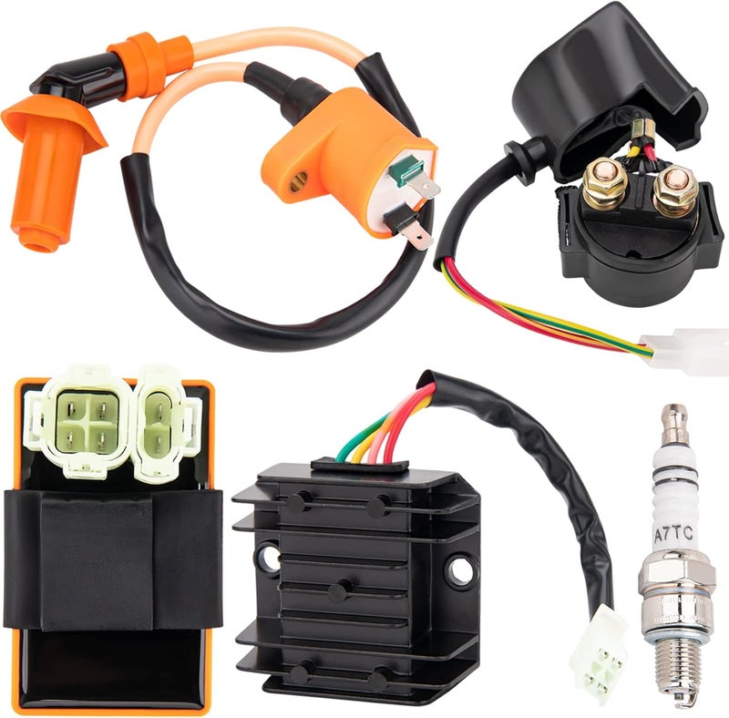 GDDGHS GY6 150cc Ignition Coil Kit for 150cc 125cc 50cc ATV Quad Go Kart Moped Scooter, High performance GY6 Ignition Coil, 6 Pin AC CDI Box, Voltage Regulator, Rectifier Solenoid relay&A7TC Spark Plug - Image 1